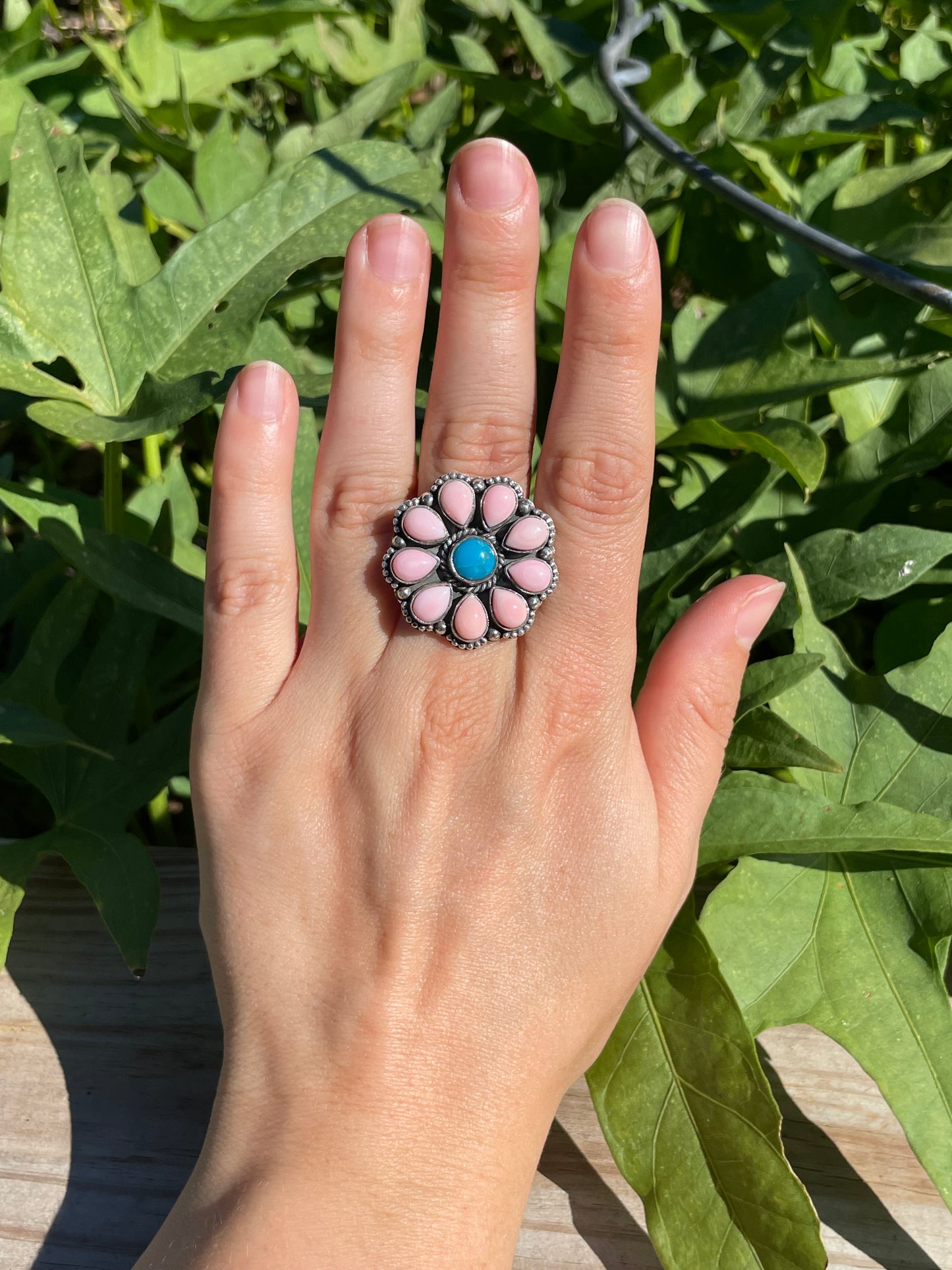 Pink Conch and Turquoise Flower Ring | 925 Sterling Silver Size 7.75 B329