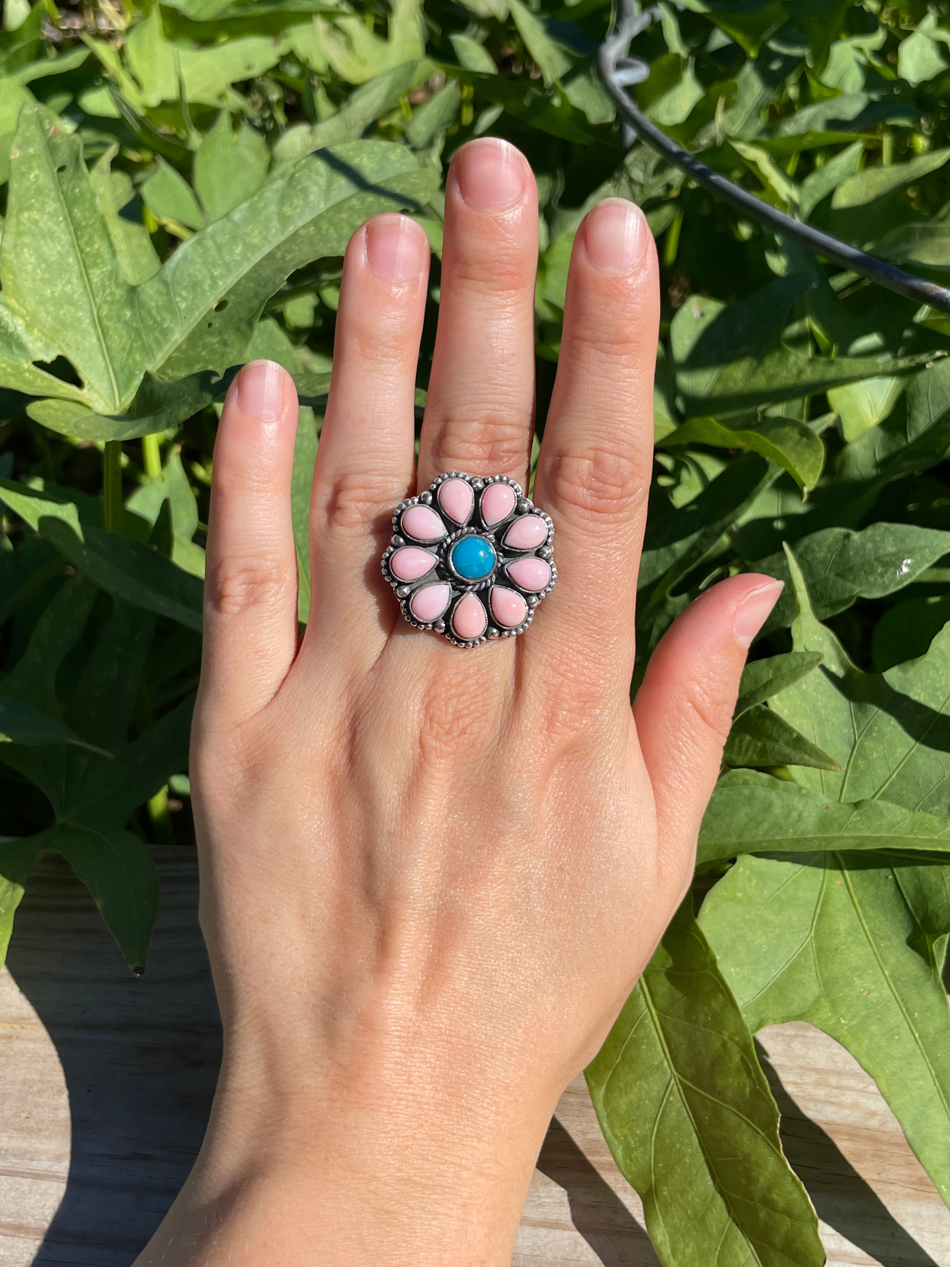 Pink Conch and Turquoise Flower Ring | 925 Sterling Silver Size 7.75 B329