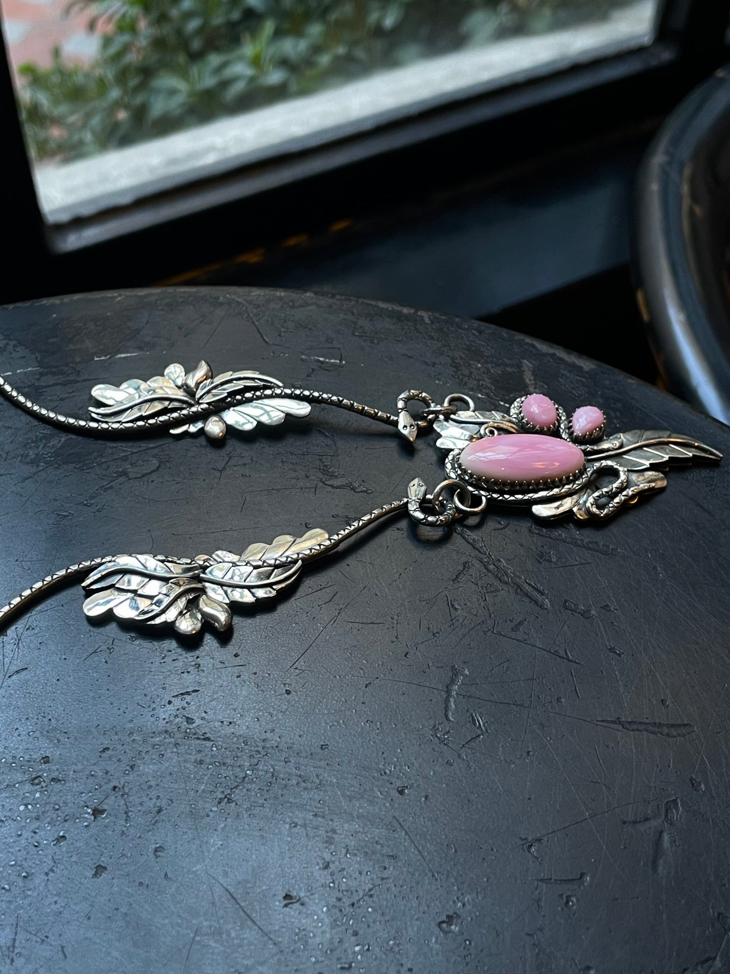 Pink Conch Snake & Feather Necklace | 925 Sterling Silver E357