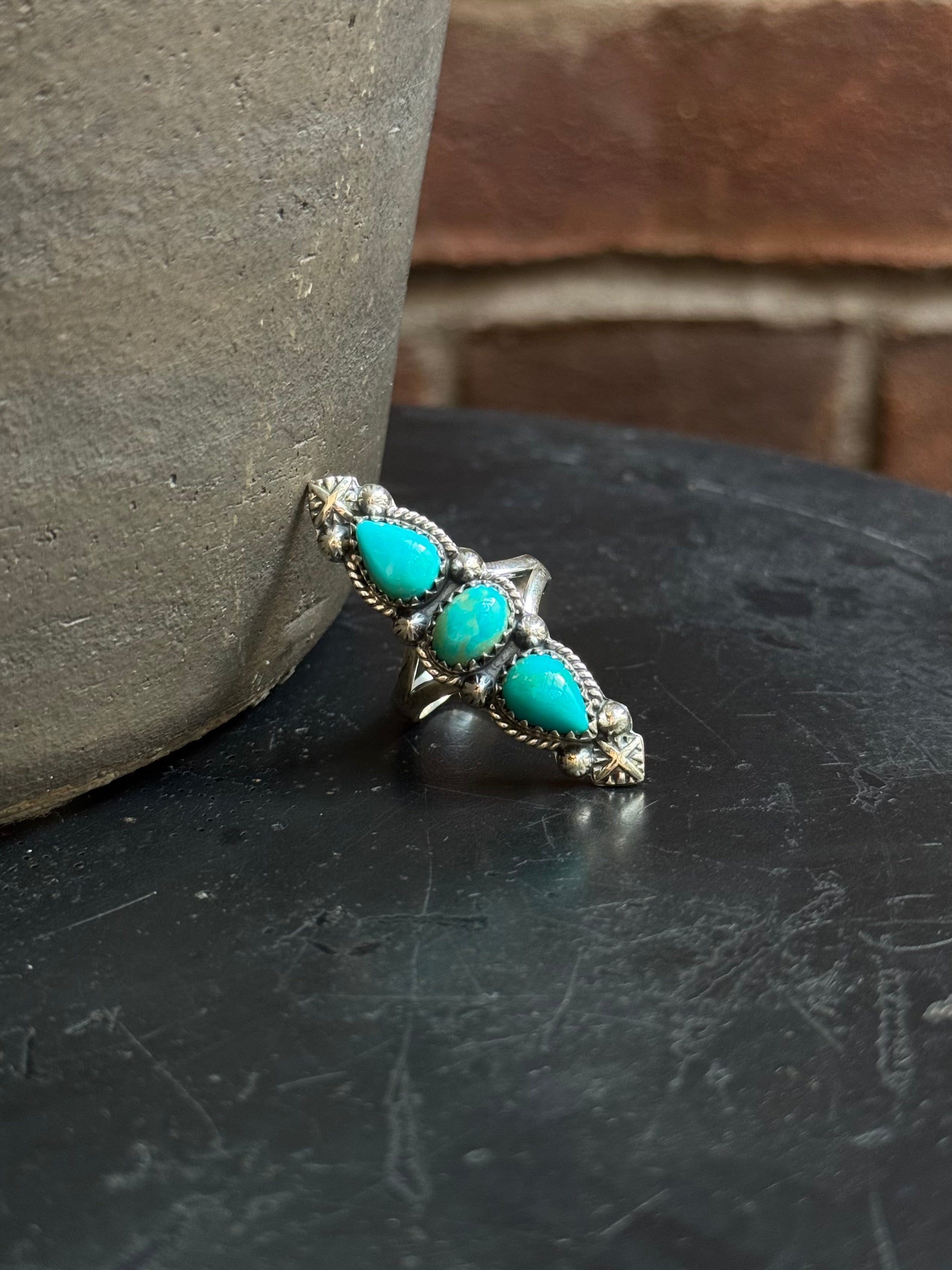Turquoise Triple Stone Ring | 925 Sterling Silver | Size 9 C311