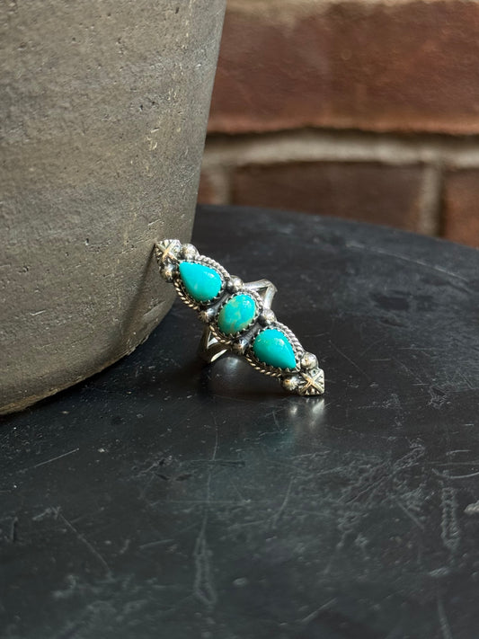 Turquoise Triple Stone Ring | 925 Sterling Silver | Size 9 C311