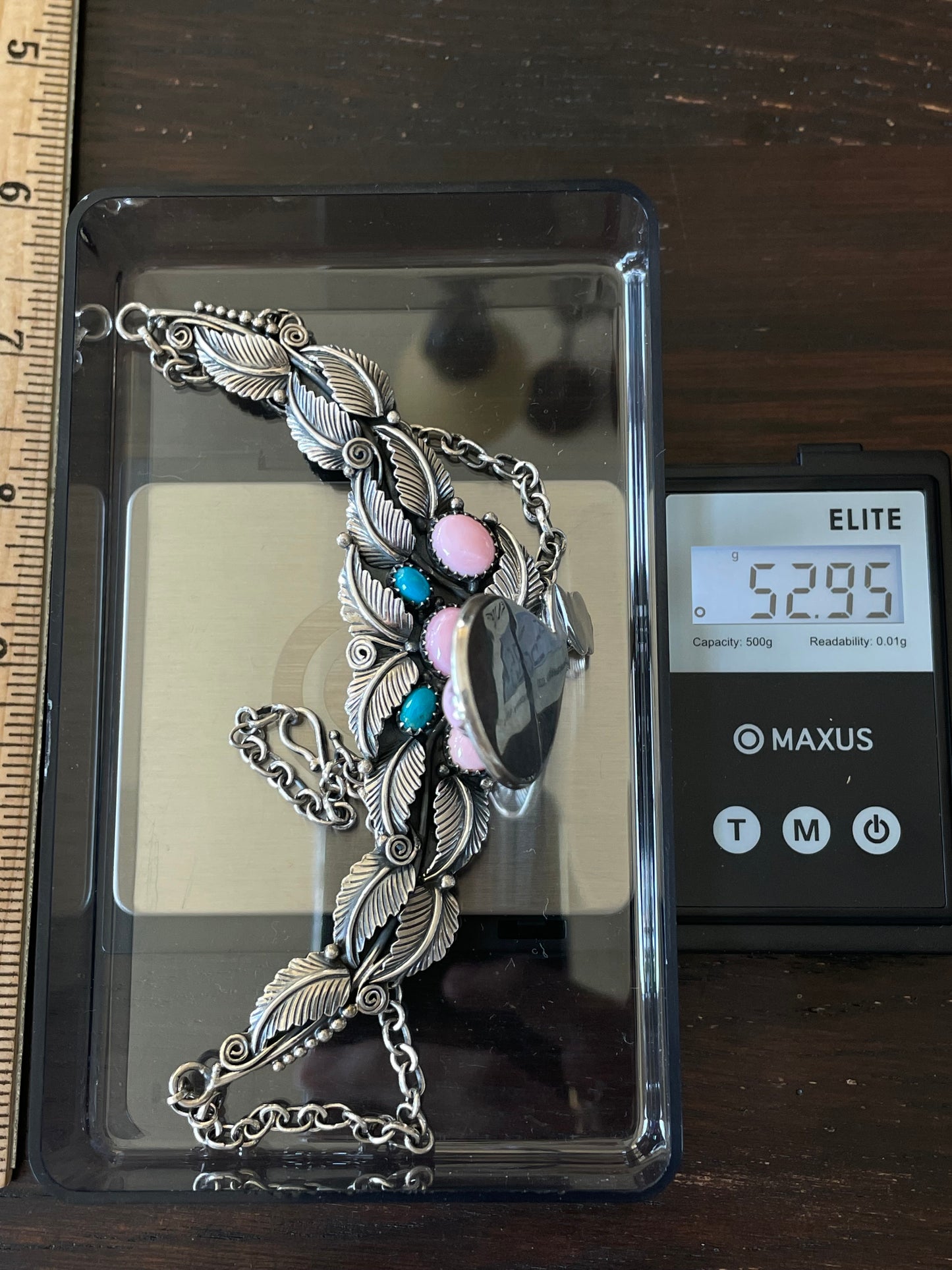 Pink Conch Turquoise Leaf Statement Necklace | Sterling Silver E828