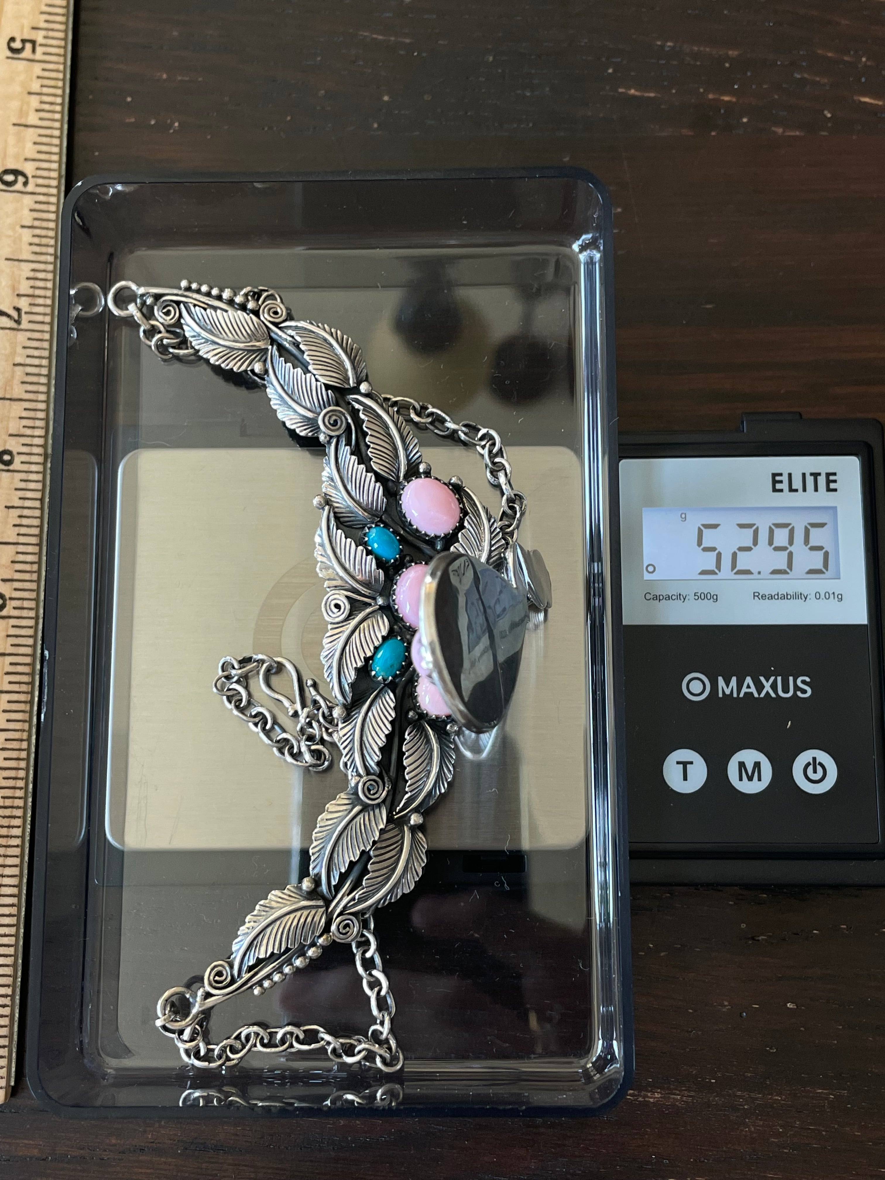 Pink Conch Turquoise Leaf Statement Necklace | Sterling Silver E828