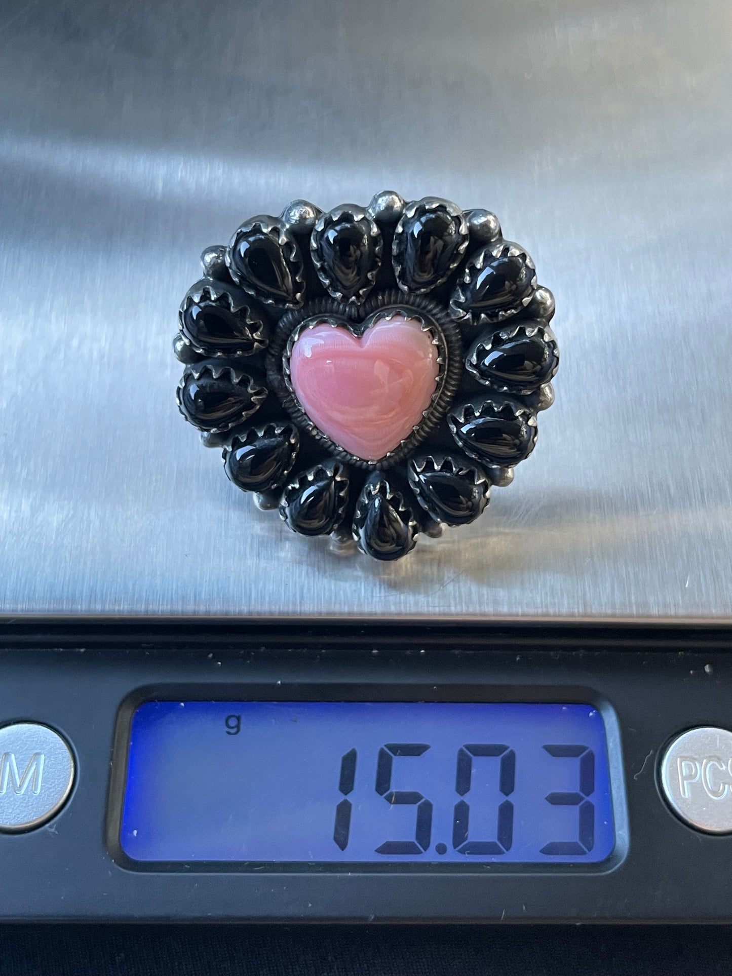 Pink Conch Heart Black Onyx Cluster Ring Size 6.75| 925 Sterling Silver D103