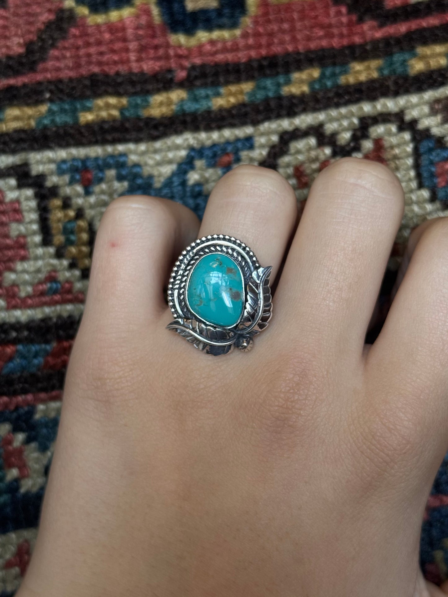 Turquoise Feather Ring | Sterling Silver | Size 7.5 | C118