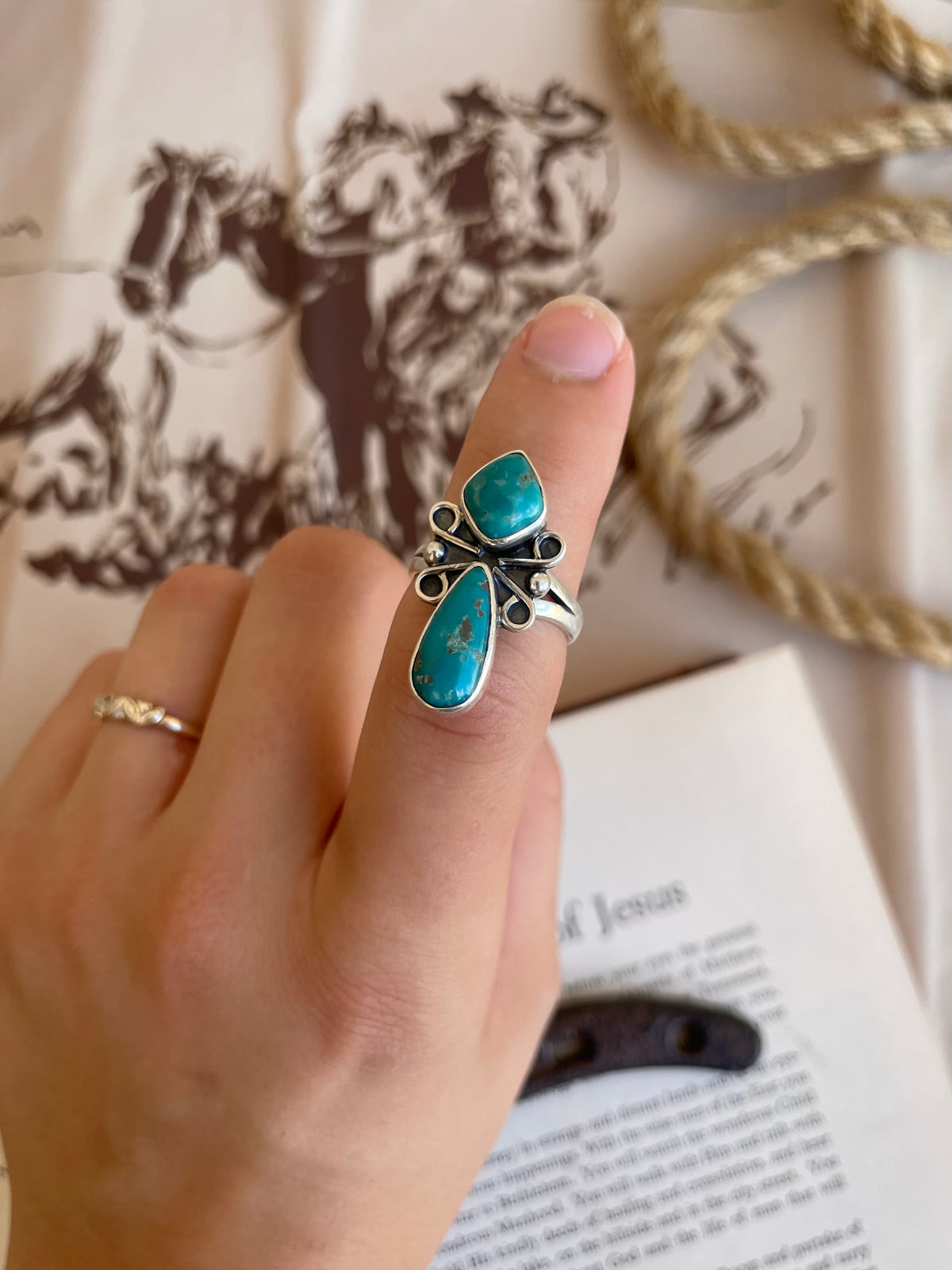 Turquoise Double Stone Ring | 925 Sterling Silver Size 8 G808