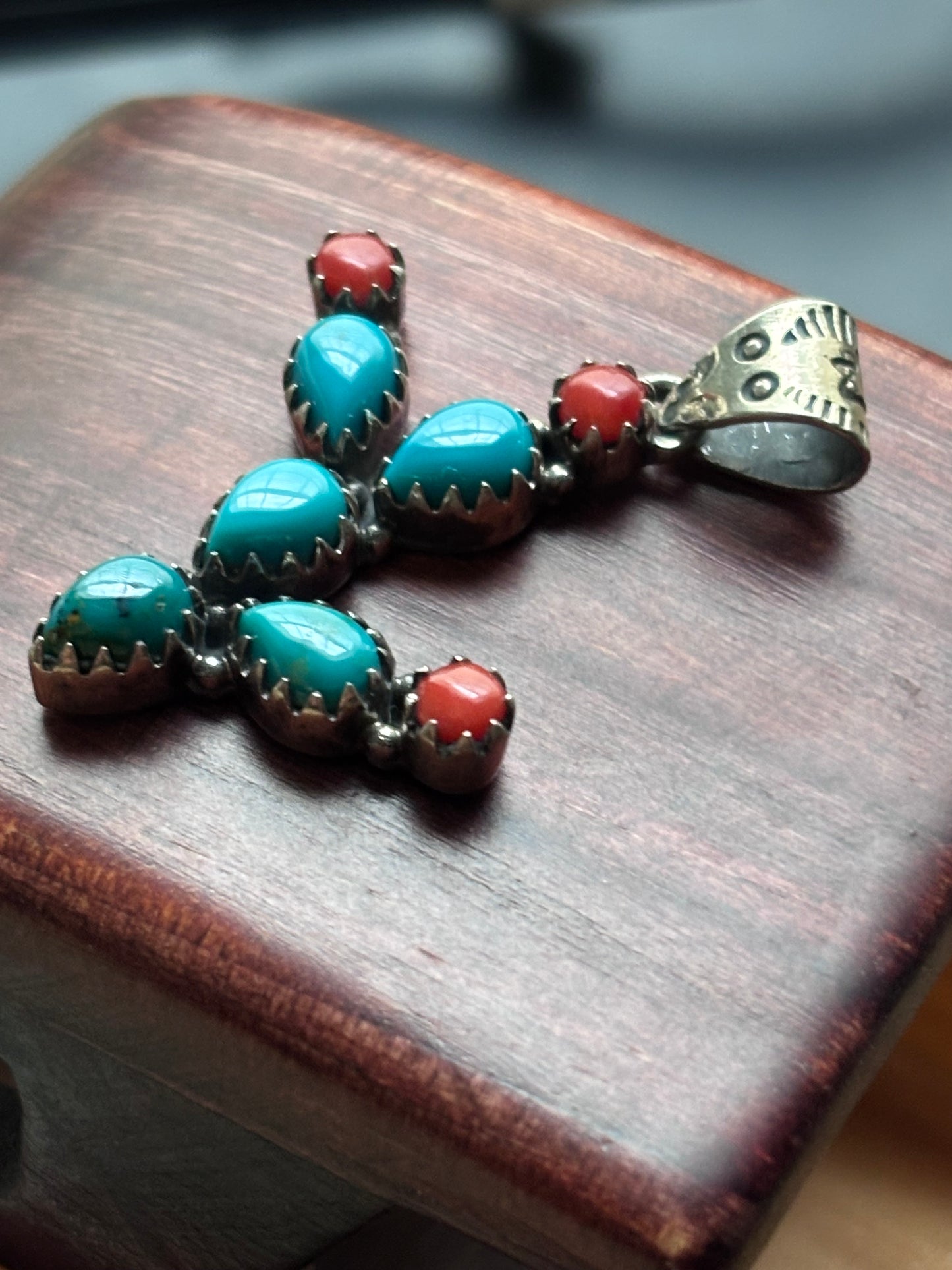 Turquoise Coral Cactus Pendant | Sterling Silver Southwestern Style A091