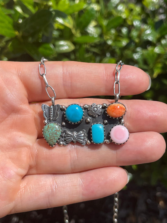 Turquoise, Pink Conch & Spiny Oyster Butterfly Necklace | Sterling Silver D166