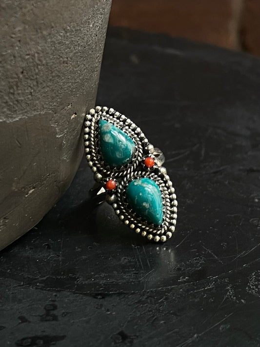 Kingman Turquoise & Coral Ring Size 8.5 | 925 Sterling Silver Southwest E208