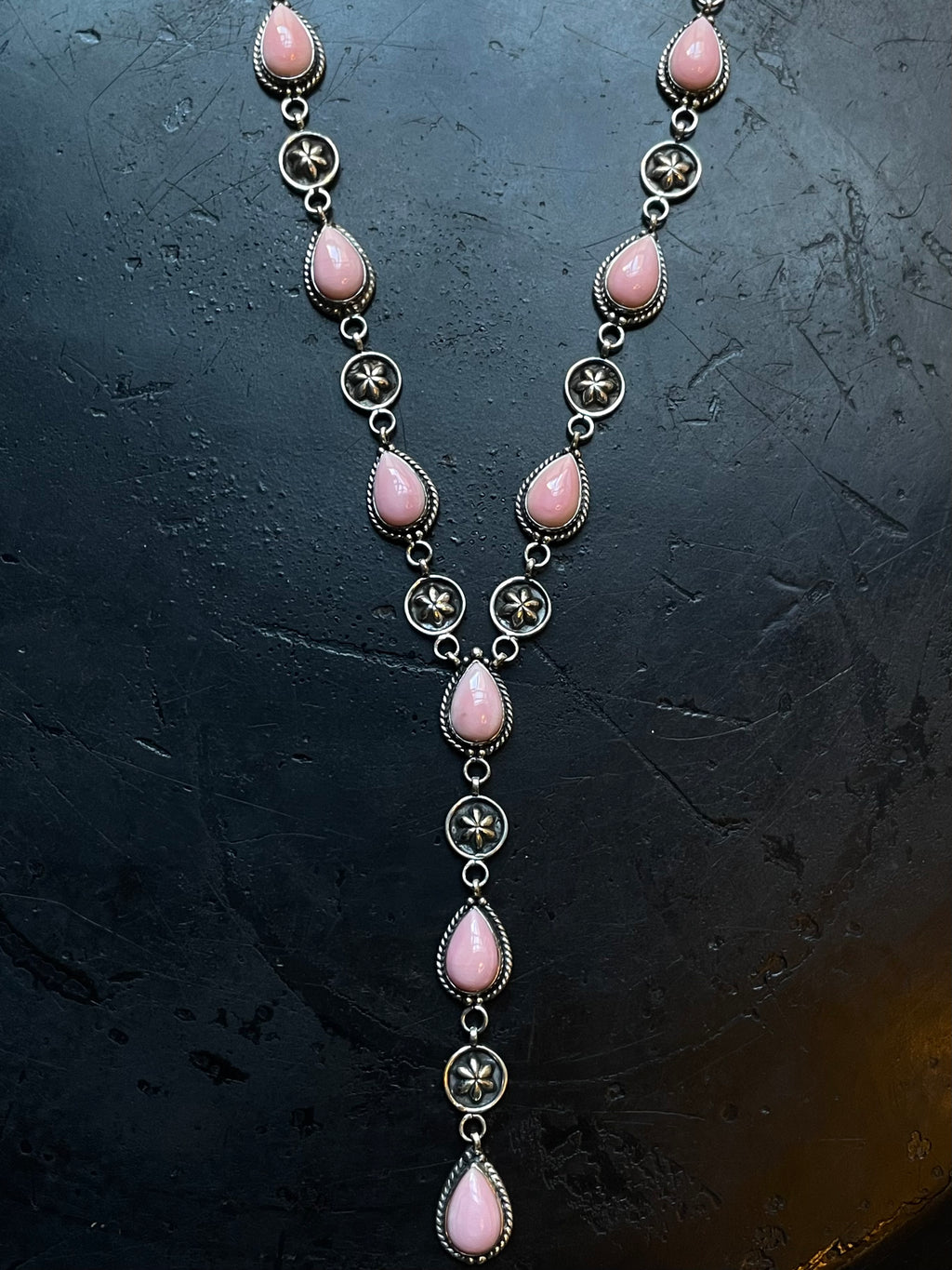 Pink Conch Lariat Necklace | Teardrop Station Drop | 925 Silver E566