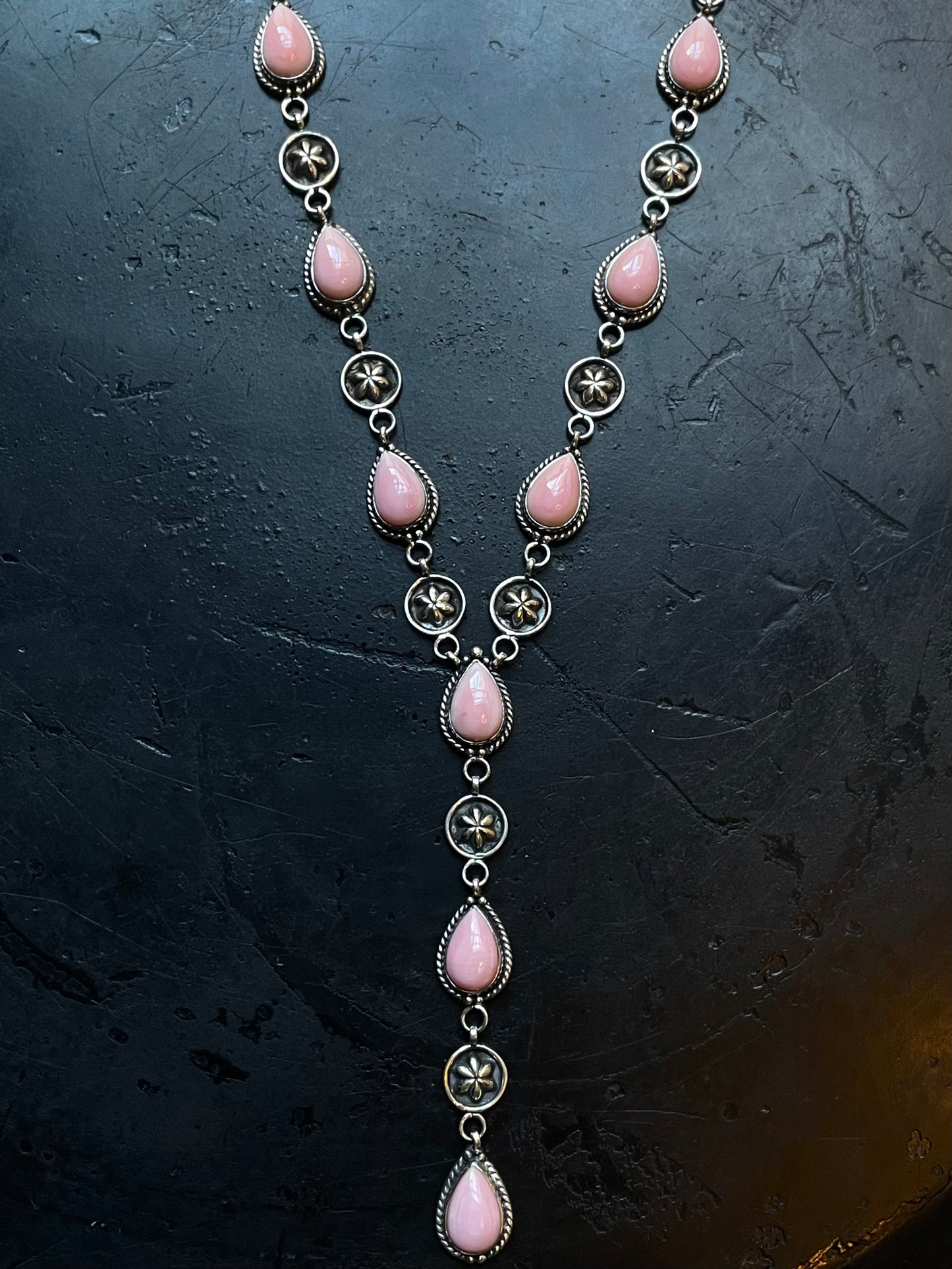 Pink Conch Lariat Necklace | Teardrop Station Drop | 925 Silver E566