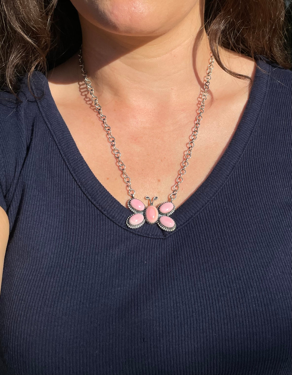 Pink Conch Butterfly Necklace | Cluster Pendant | 925 Silver E579