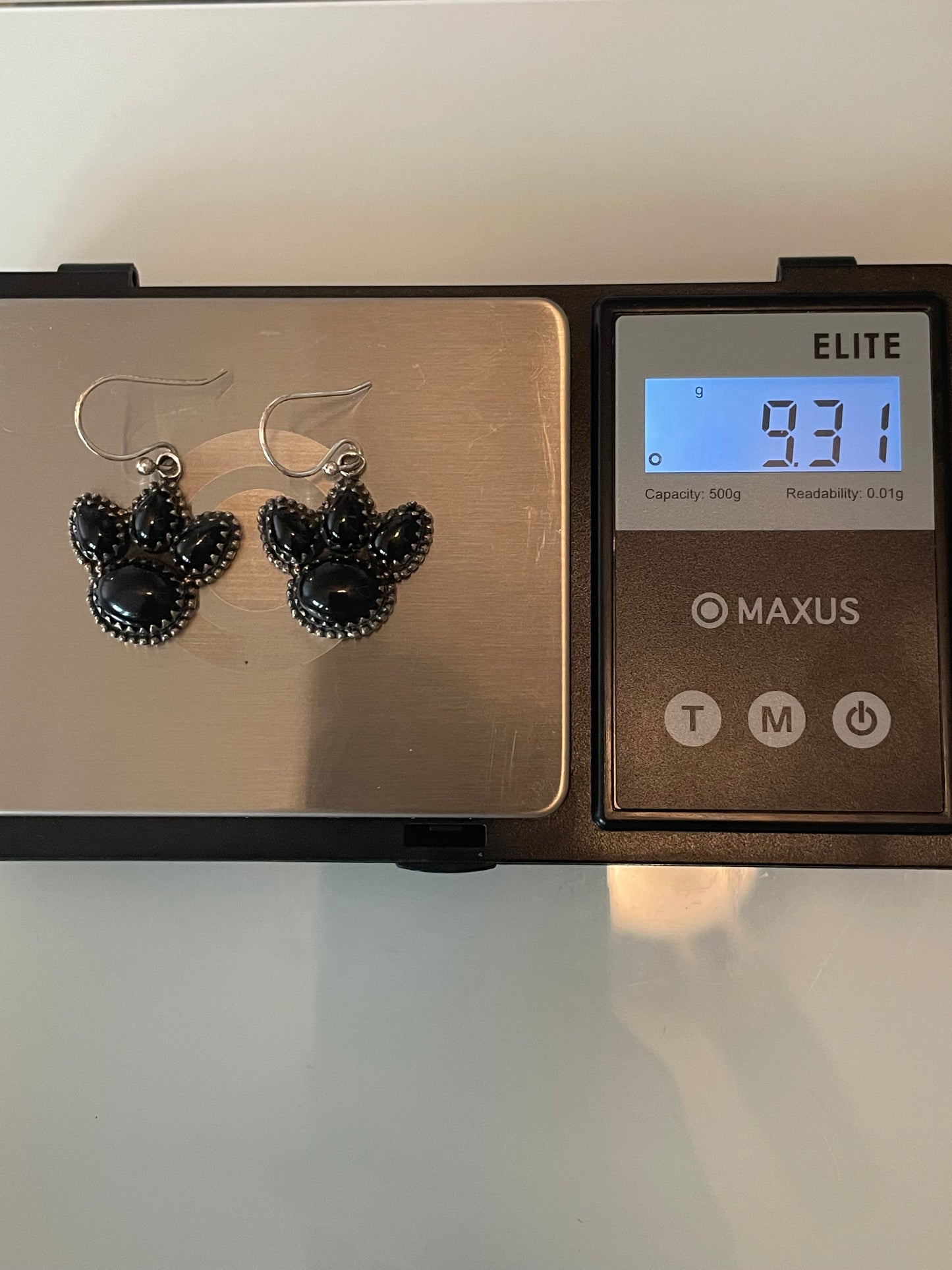 Black Onyx Paw Print Dangle Earrings | Sterling Silver G337