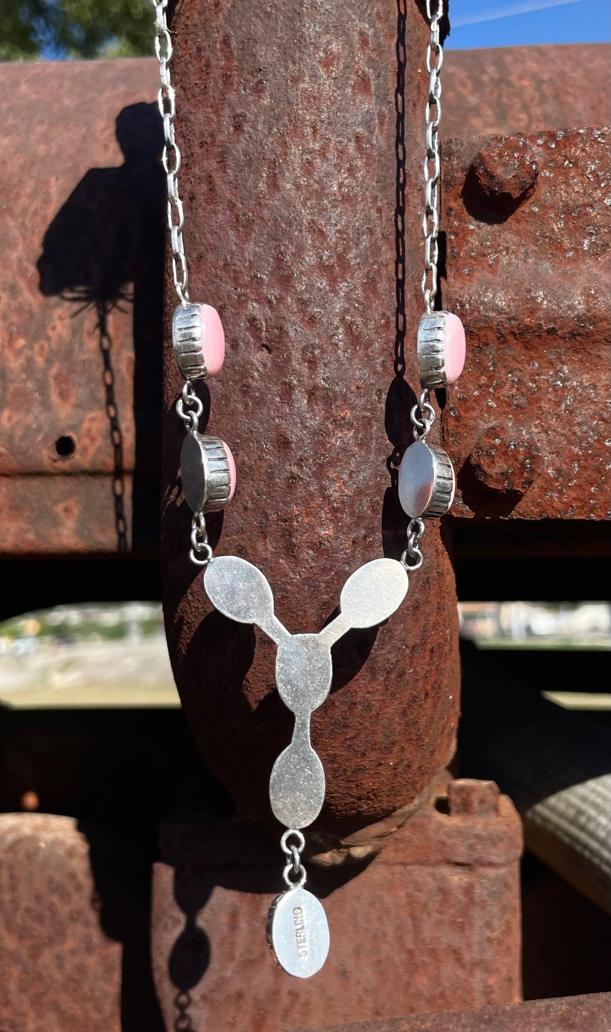Pink Conch Lariat Necklace | Teardrop Station Drop | 925 Silver E553