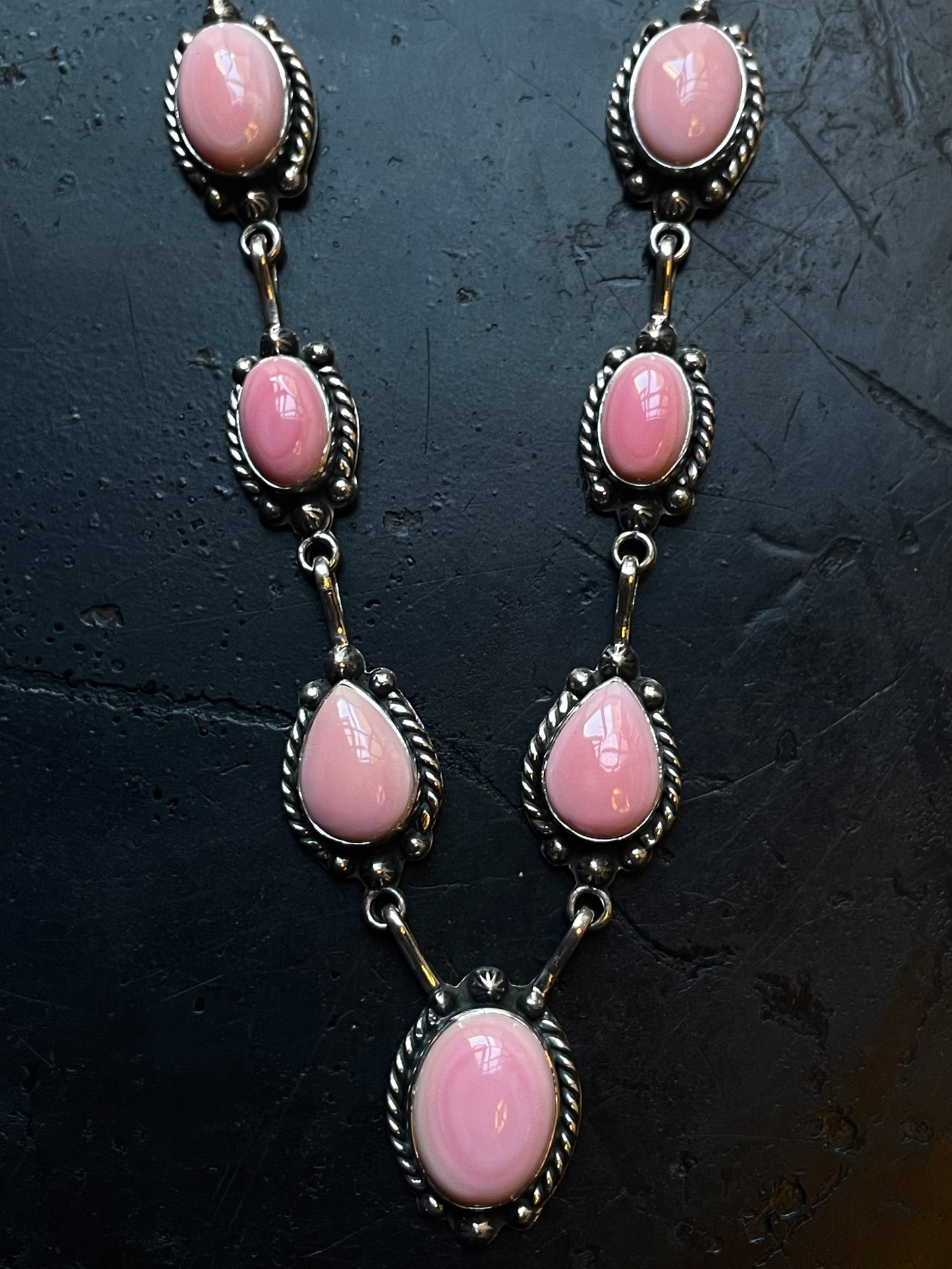 Pink Conch Lariat Necklace | Teardrop Station Drop | 925 Silver E565