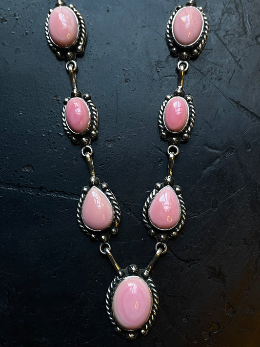 Pink Conch Lariat Necklace | Teardrop Station Drop | 925 Silver E565