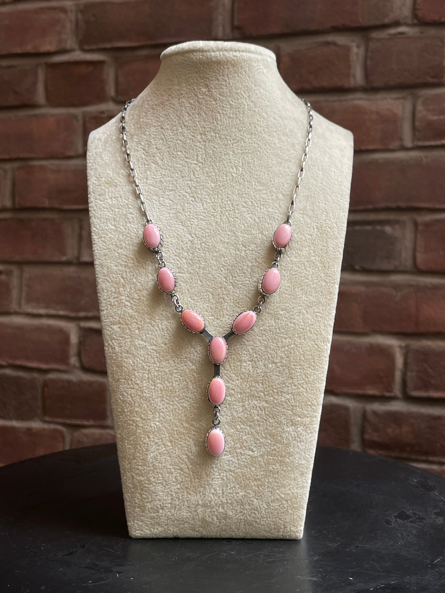Pink Conch Lariat Necklace | Teardrop Station Drop | 925 Silver E567