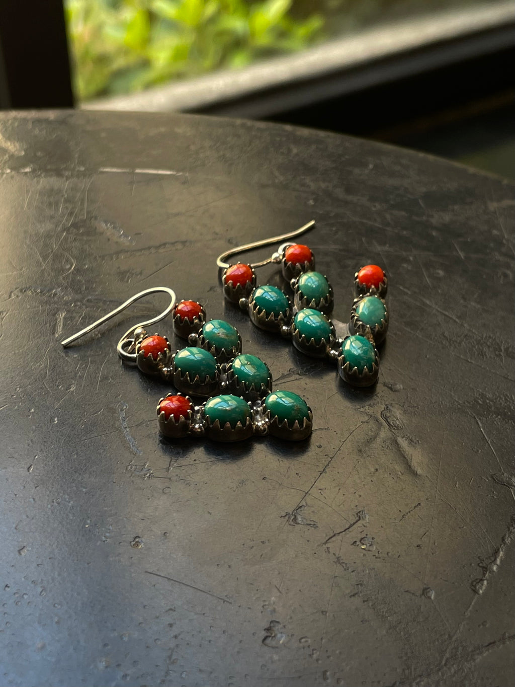 Kingman Turquoise & Italian Coral Prickly Pear Hook Earrings | 925 Sterling Silver G656