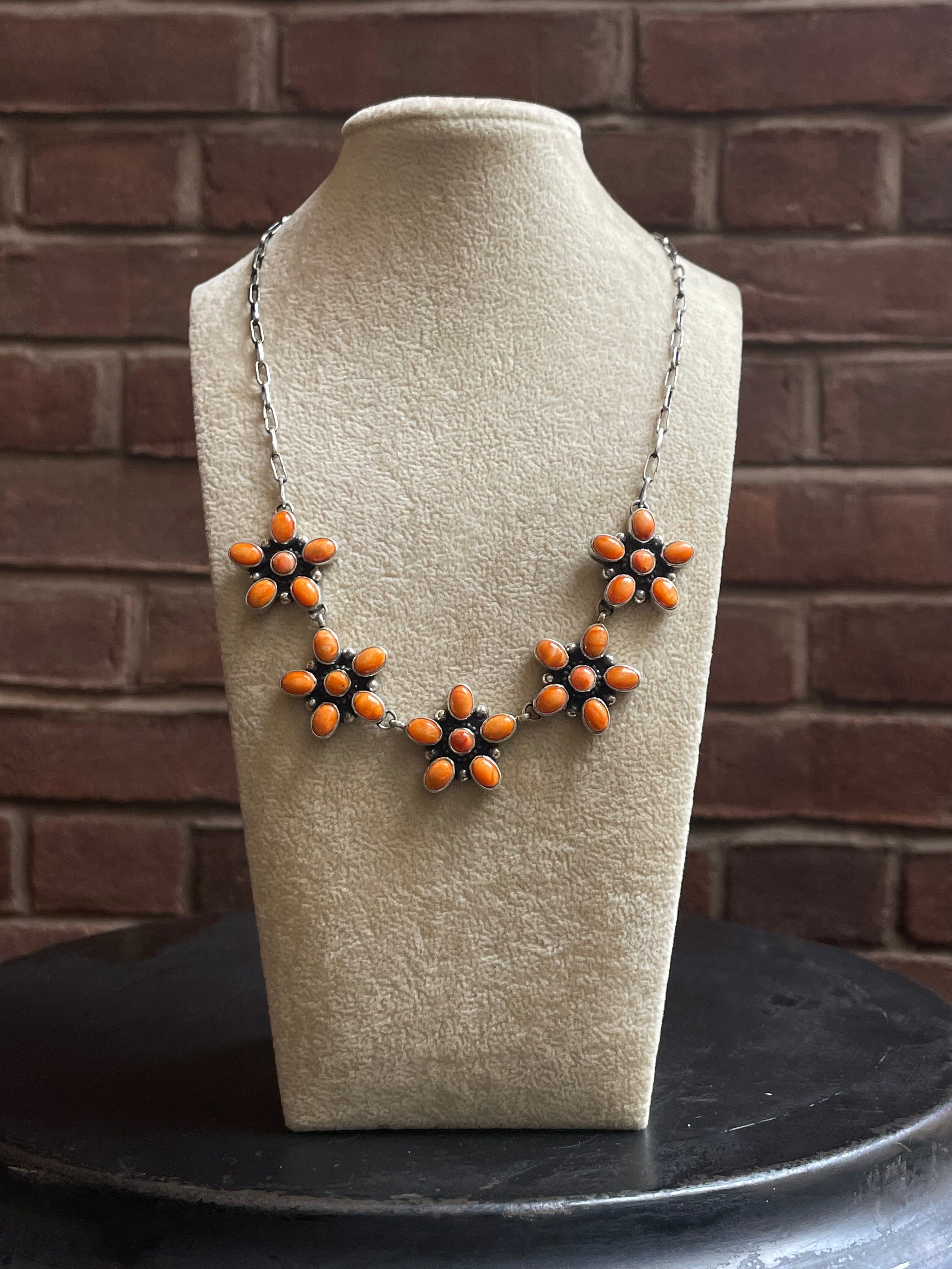 Orange Spiny Oyster Flower Cluster Necklace | 925 Sterling Silver E598