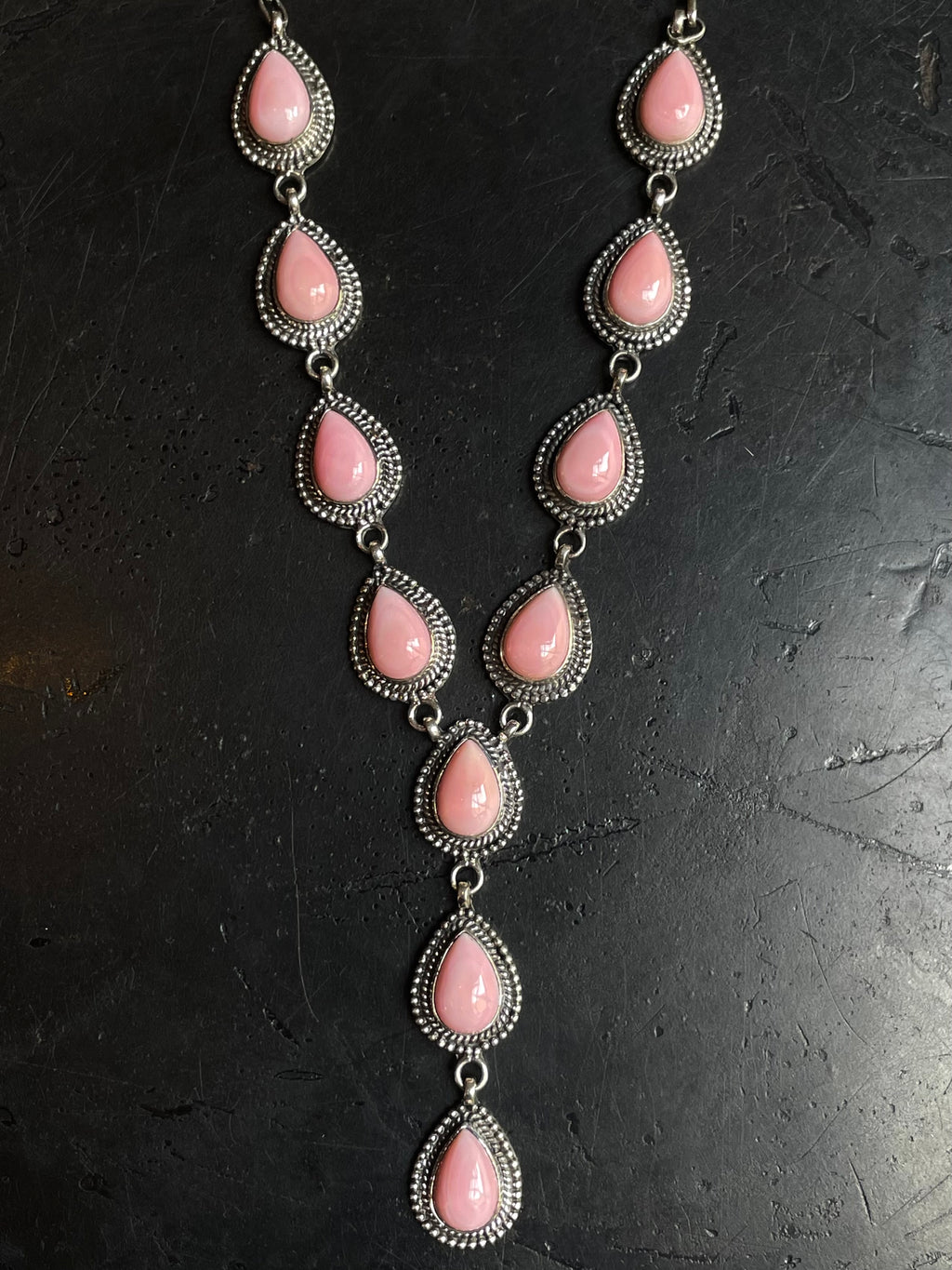 Pink Conch Lariat Necklace | Teardrop Station Drop | 925 Silver E559