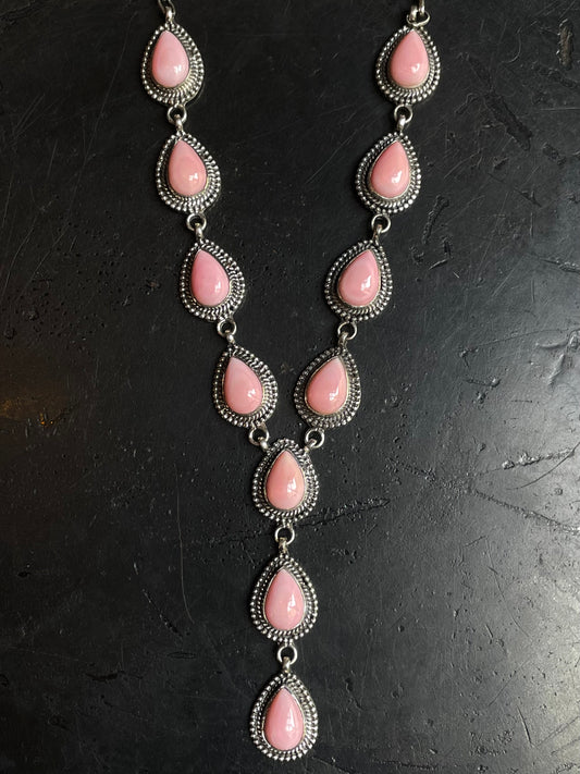 Pink Conch Lariat Necklace | Teardrop Station Drop | 925 Silver E559