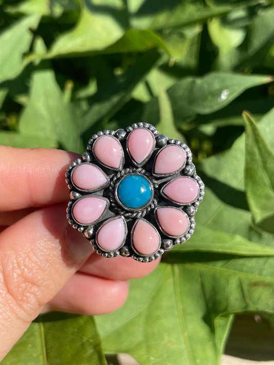 Pink Conch and Turquoise Flower Ring | 925 Sterling Silver Size 7.75 B329
