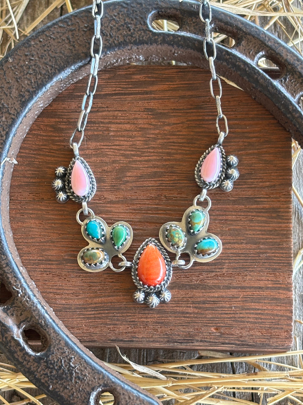 Pink Conch & Turquoise Multistone Necklace | 925 Sterling Silver Z38