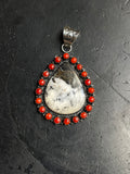 White Buffalo & Red Coral Teardrop Pendant | 925 Sterling Silver E267