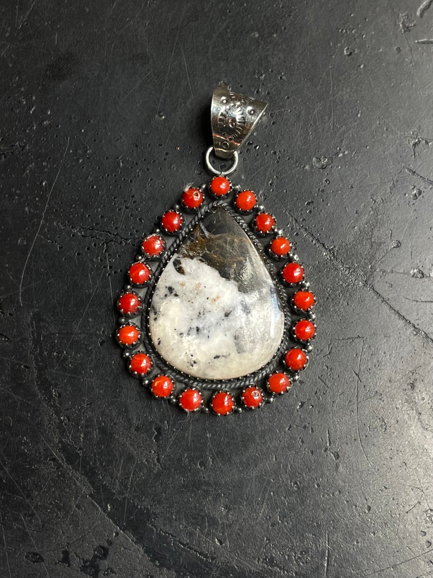 White Buffalo & Red Coral Teardrop Pendant | 925 Sterling Silver E267