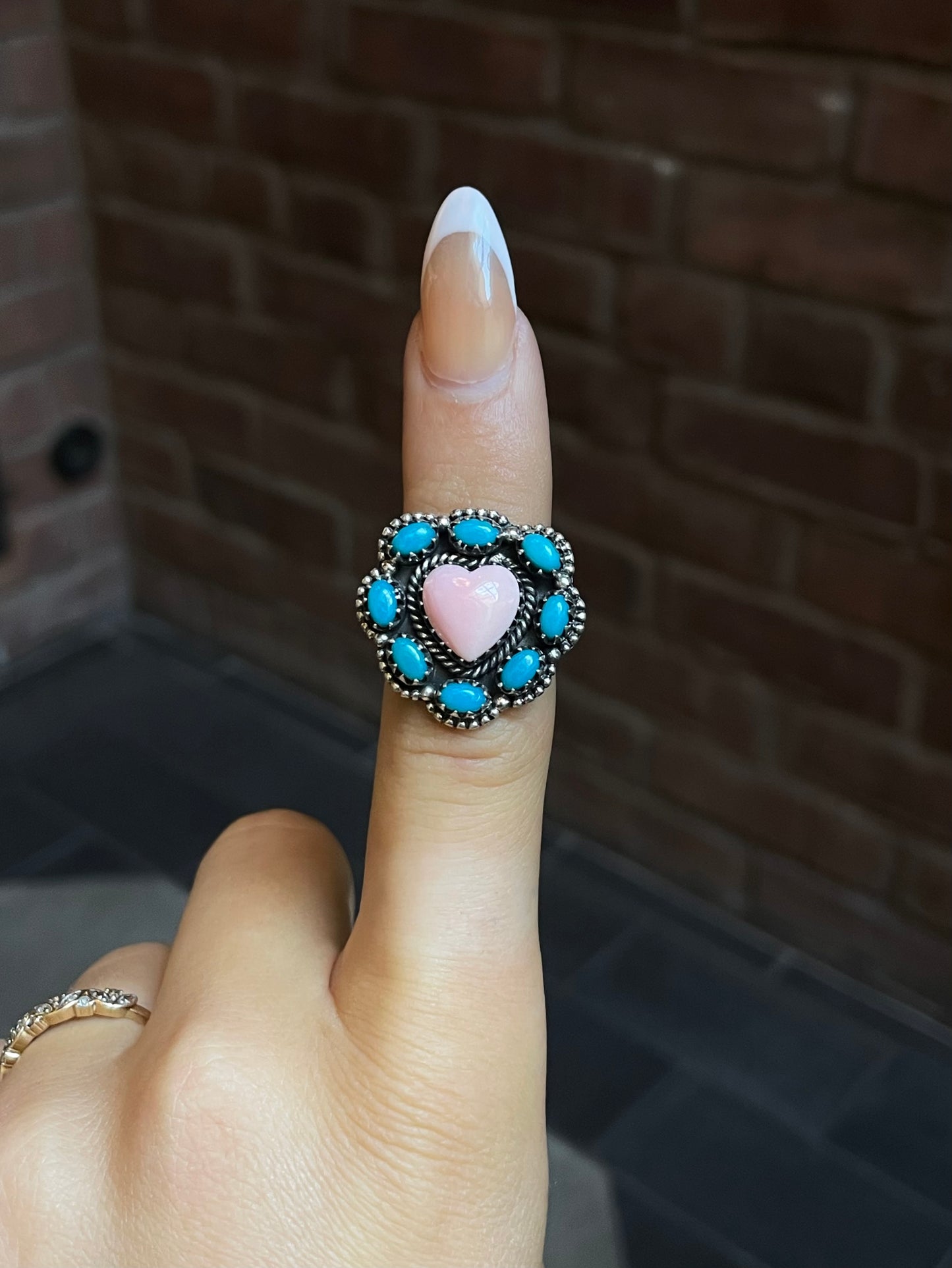 Pink Conch Turquoise Heart Ring Size 6 | Sterling Silver E895