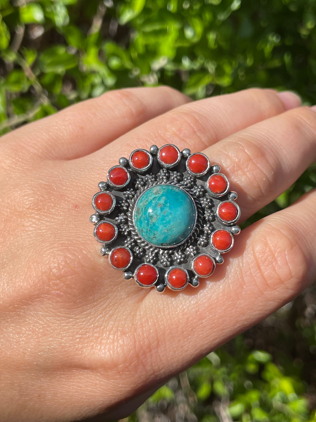 Turquoise & Coral Flower Ring Size 7 | 925 Sterling Silver B566