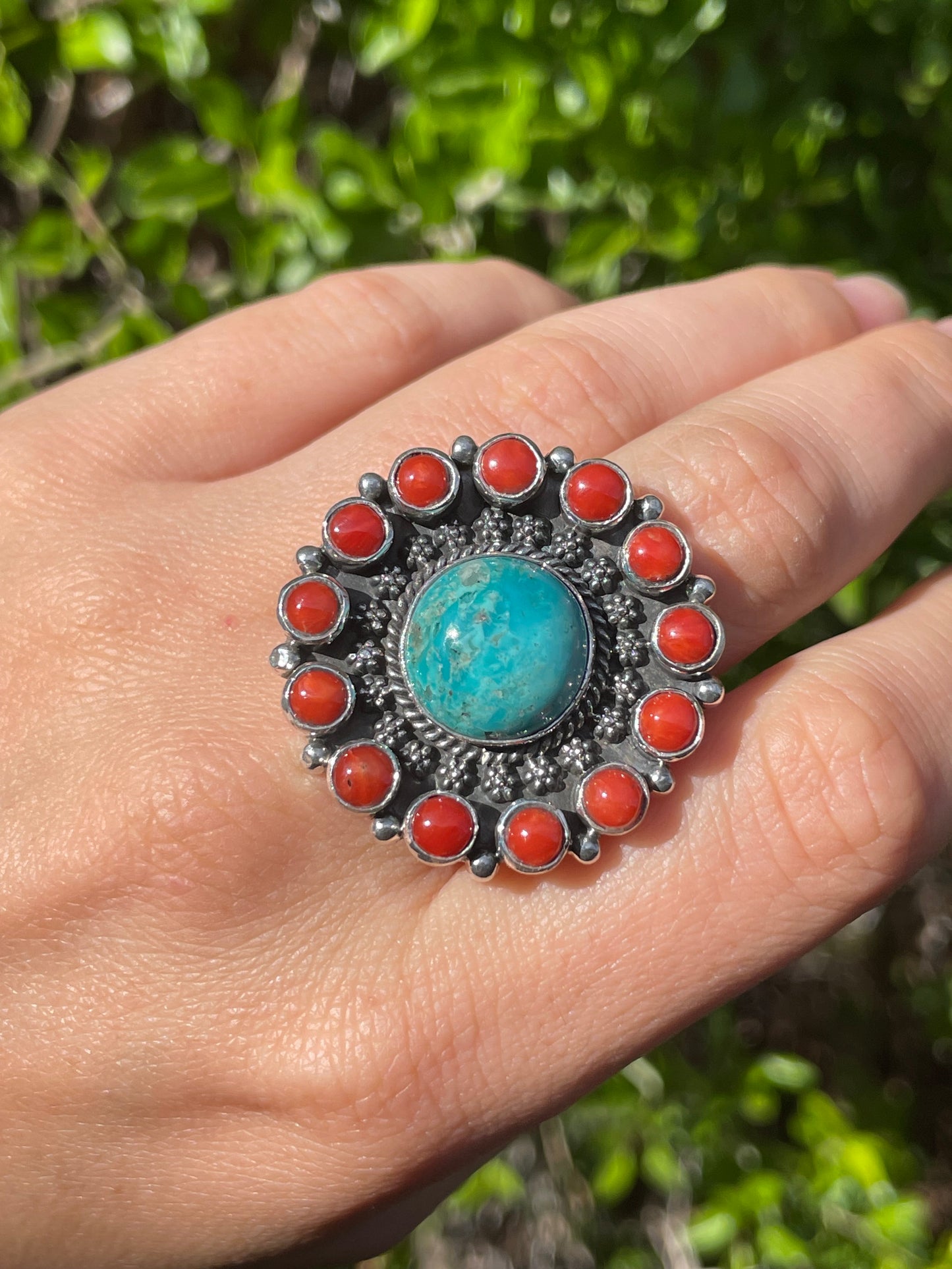 Turquoise & Coral Flower Ring Size 7 | 925 Sterling Silver B566