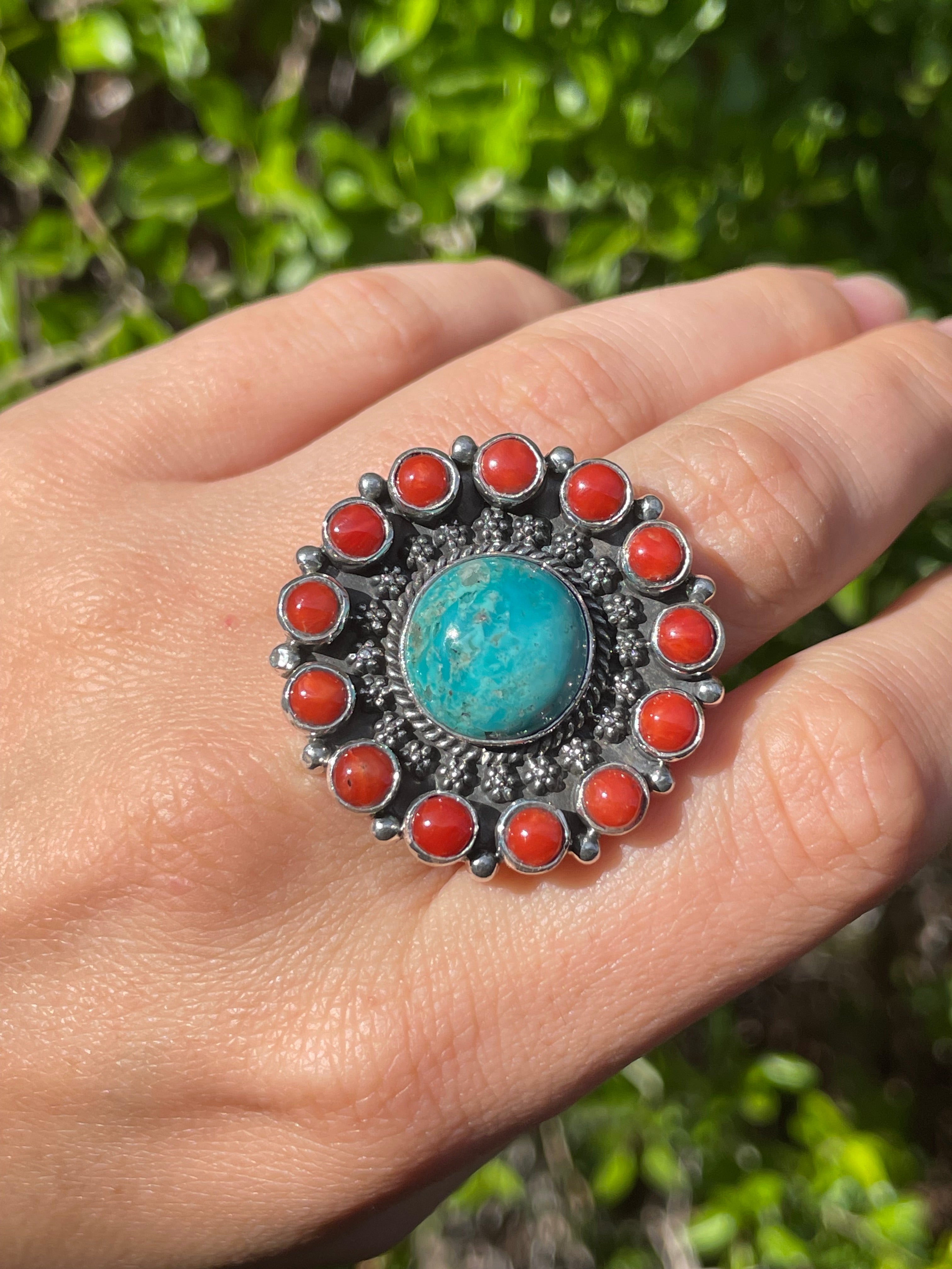 Turquoise & Coral Flower Ring Size 7 | 925 Sterling Silver B566