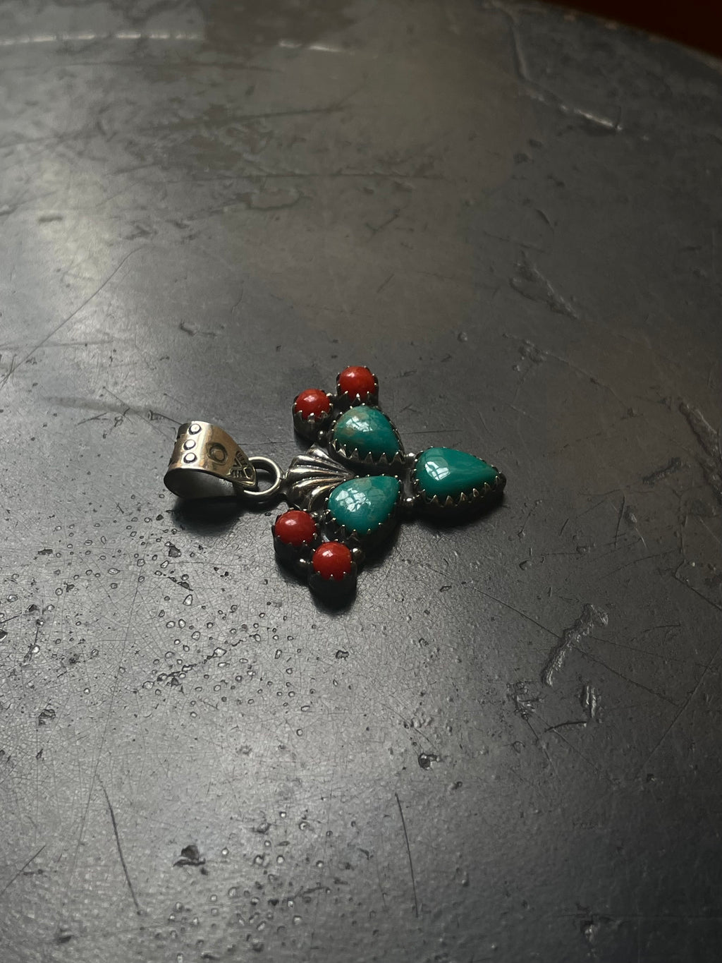 Turquoise Coral Cactus Cross Pendant | Sterling Silver E699