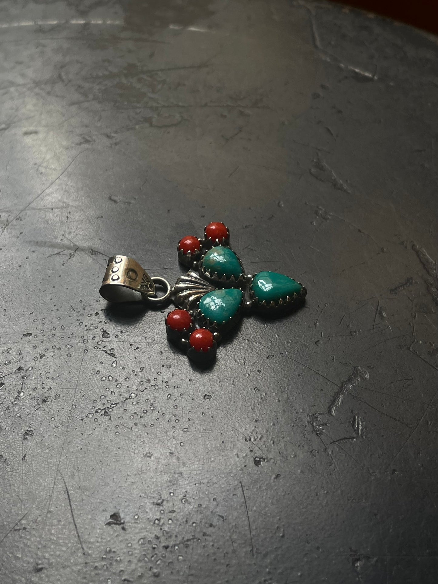 Turquoise Coral Cactus Cross Pendant | Sterling Silver E699