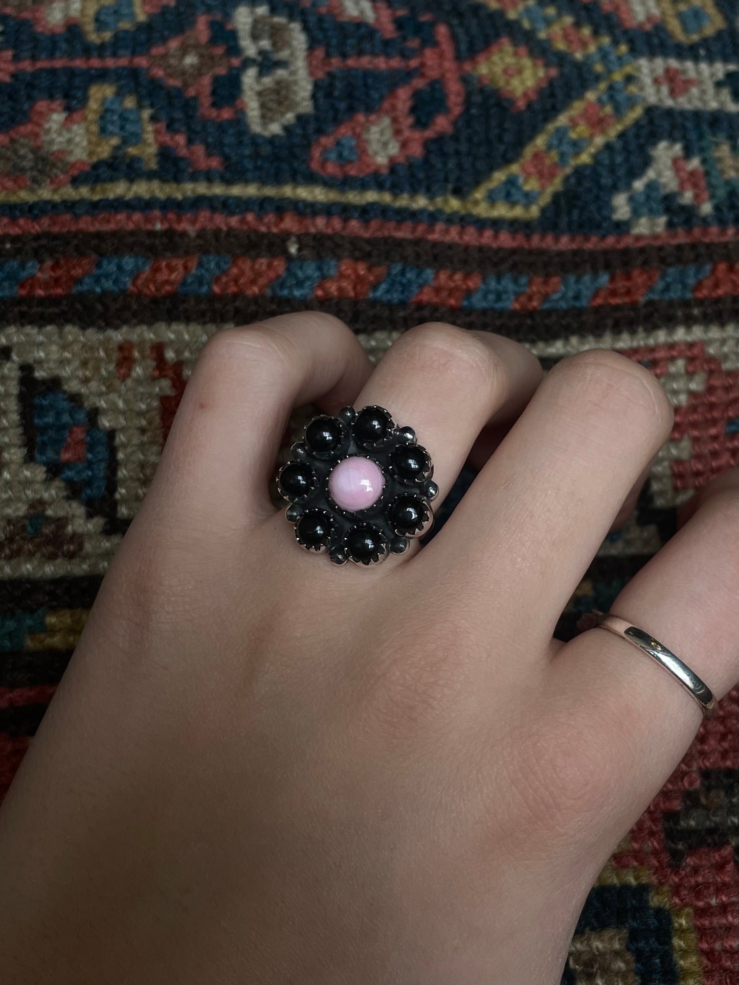 Black Onyx Pink Conch Flower Ring | Sterling Silver Size 6.75 925 C699