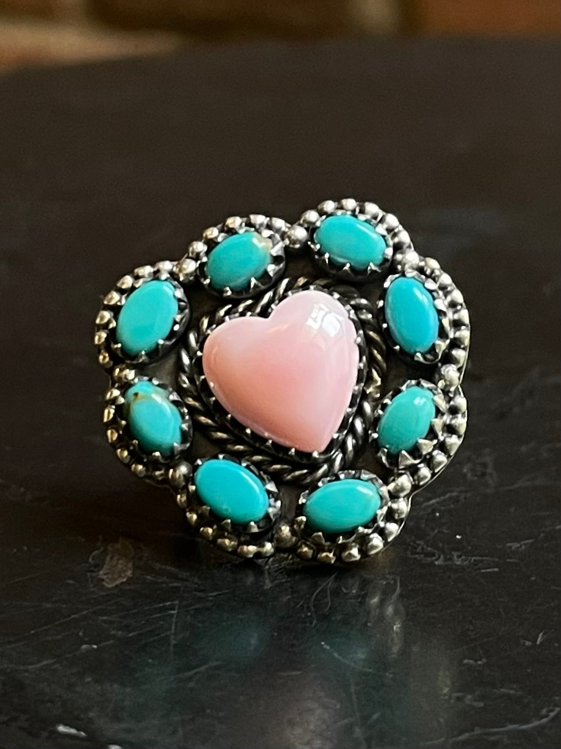Pink Conch Turquoise Heart Ring Size 6 | Sterling Silver E896