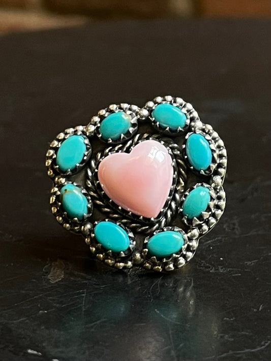 Pink Conch Turquoise Heart Ring Size 6 | Sterling Silver E896
