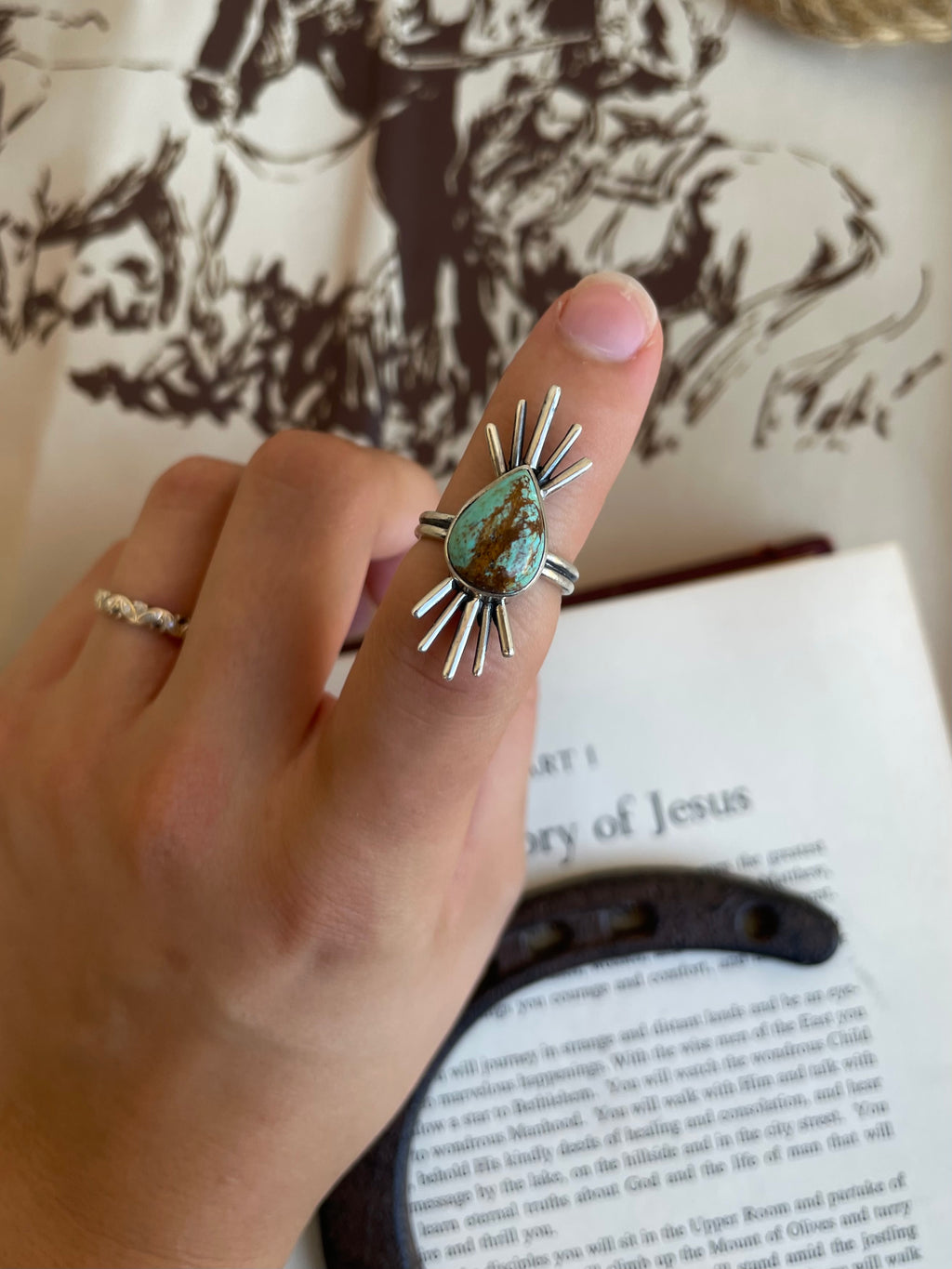 Turquoise Teardrop Sunburst Ring | 925 Sterling Silver Size 6.25 G814