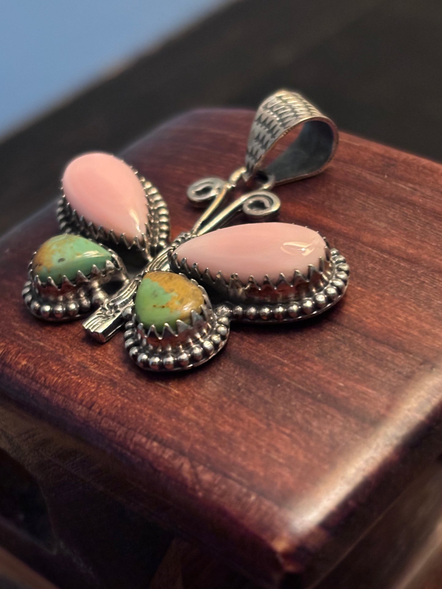 Pink Conch Turquoise Butterfly Pendant | 925 Sterling Silver A096