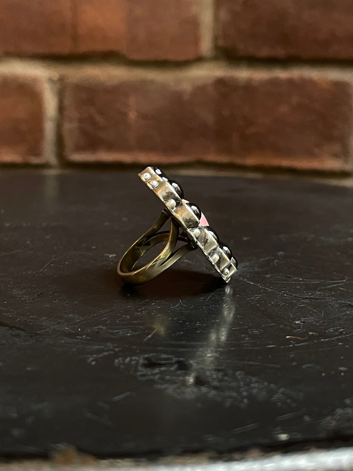 Pink Conch Heart & Black Onyx Cluster Ring | Sterling Silver | Size 6 G340