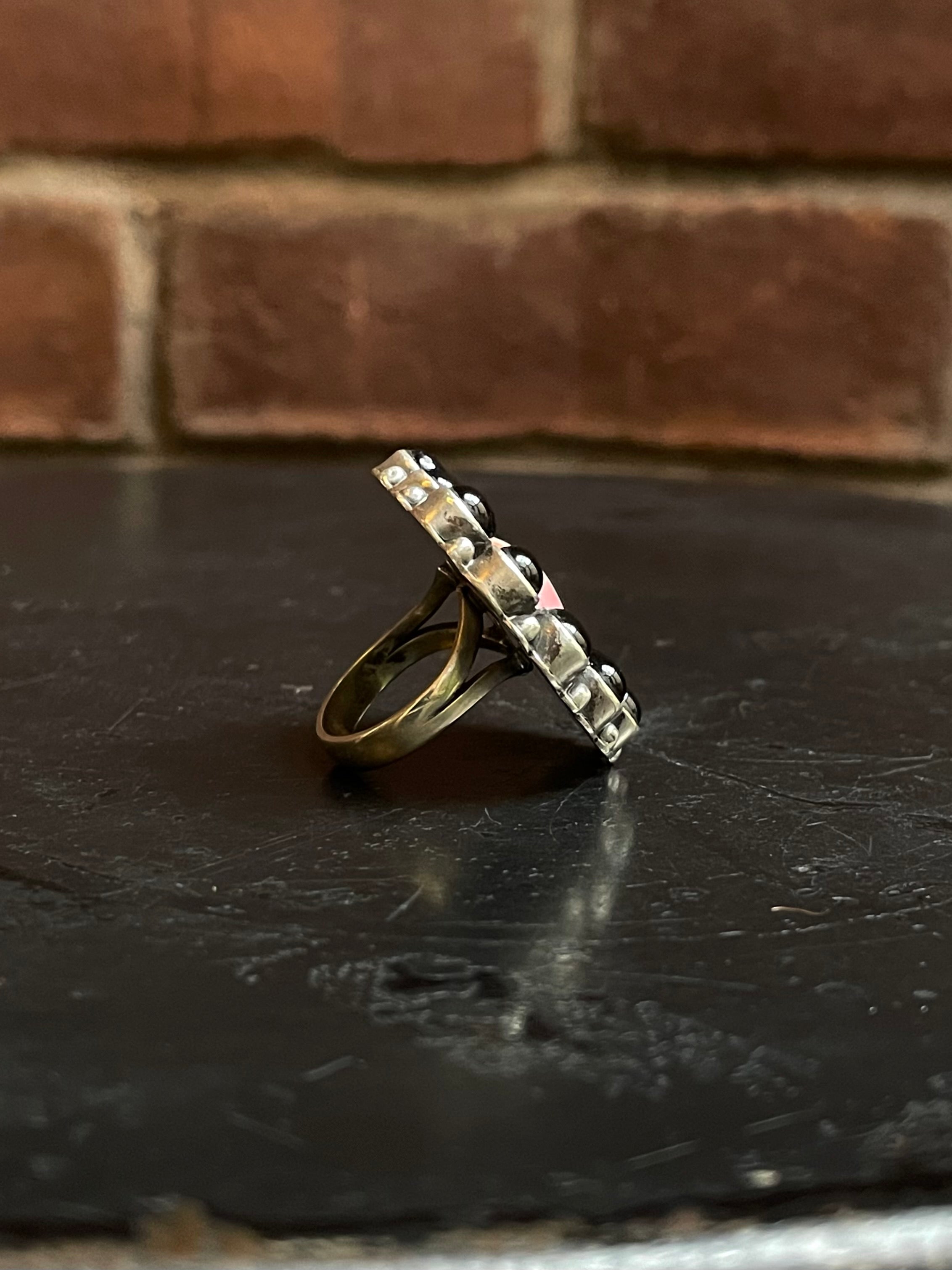 Pink Conch Heart & Black Onyx Cluster Ring | Sterling Silver | Size 6 G340