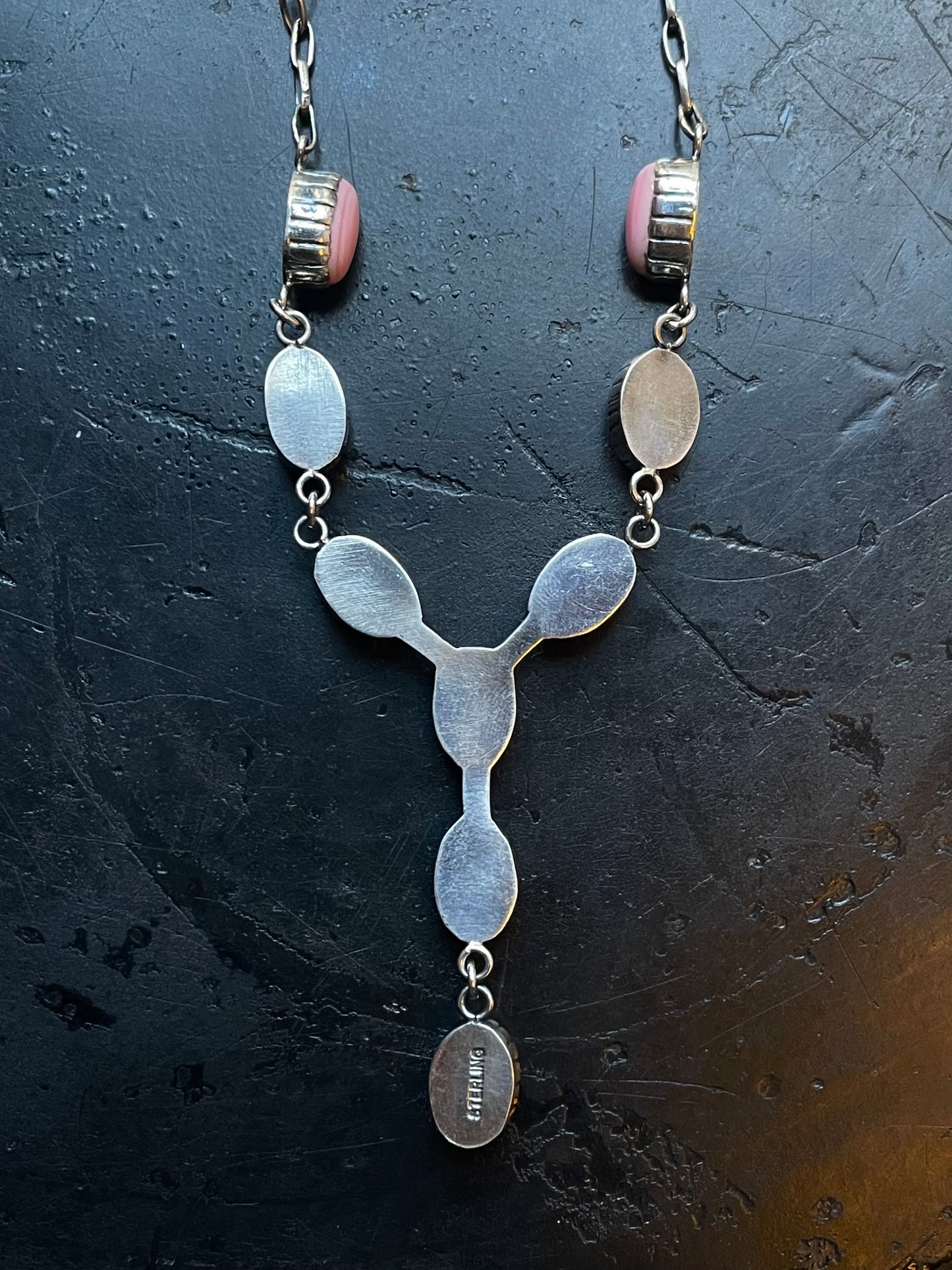 Pink Conch Lariat Necklace | Teardrop Station Drop | 925 Silver E567