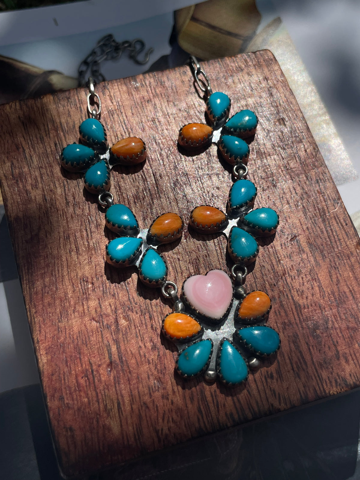 Turquoise Spiny Oyster & Pink Conch Necklace | 925 Sterling Silver D250