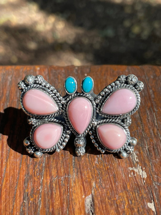Pink Conch & Turquoise Butterfly Ring | Sterling Silver 925 | Size 6 B375