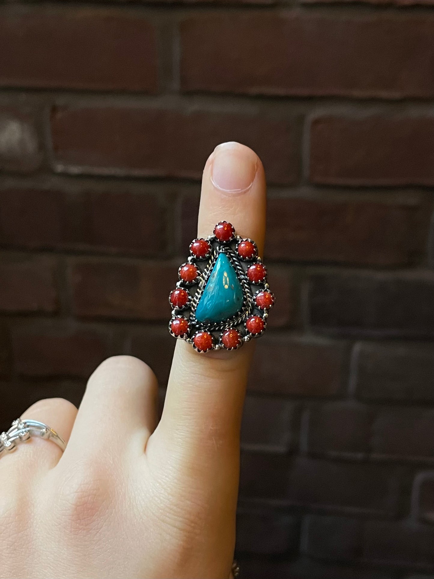 Kingman Turquoise Coral Cluster Ring | Sterling Silver | Size 7 | A187