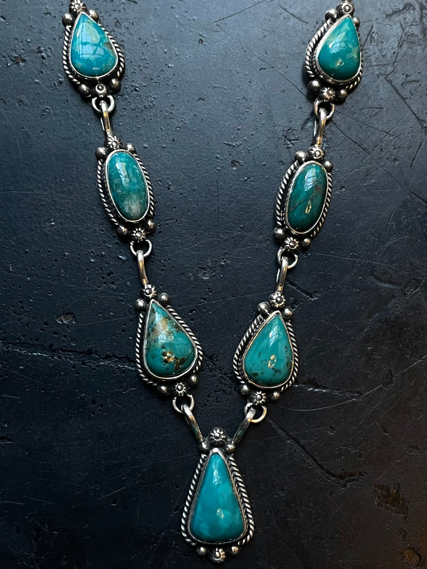 Kingman Turquoise Lariat Necklace | Teardrop Station Drop | 925 Silver E627