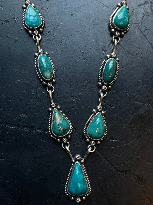 Kingman Turquoise Lariat Necklace | Teardrop Station Drop | 925 Silver E627