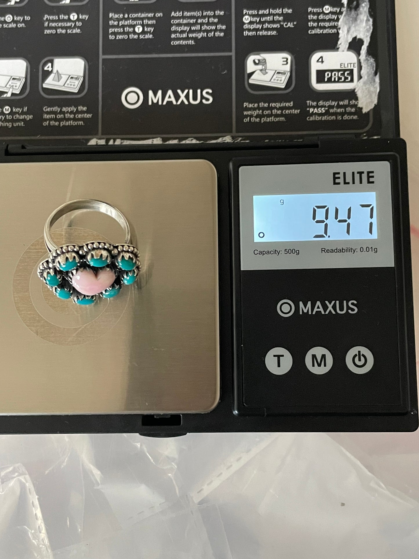 Pink Conch Heart & Kingman Turquoise Cluster Ring Size 8 | 925 Sterling Silver E416