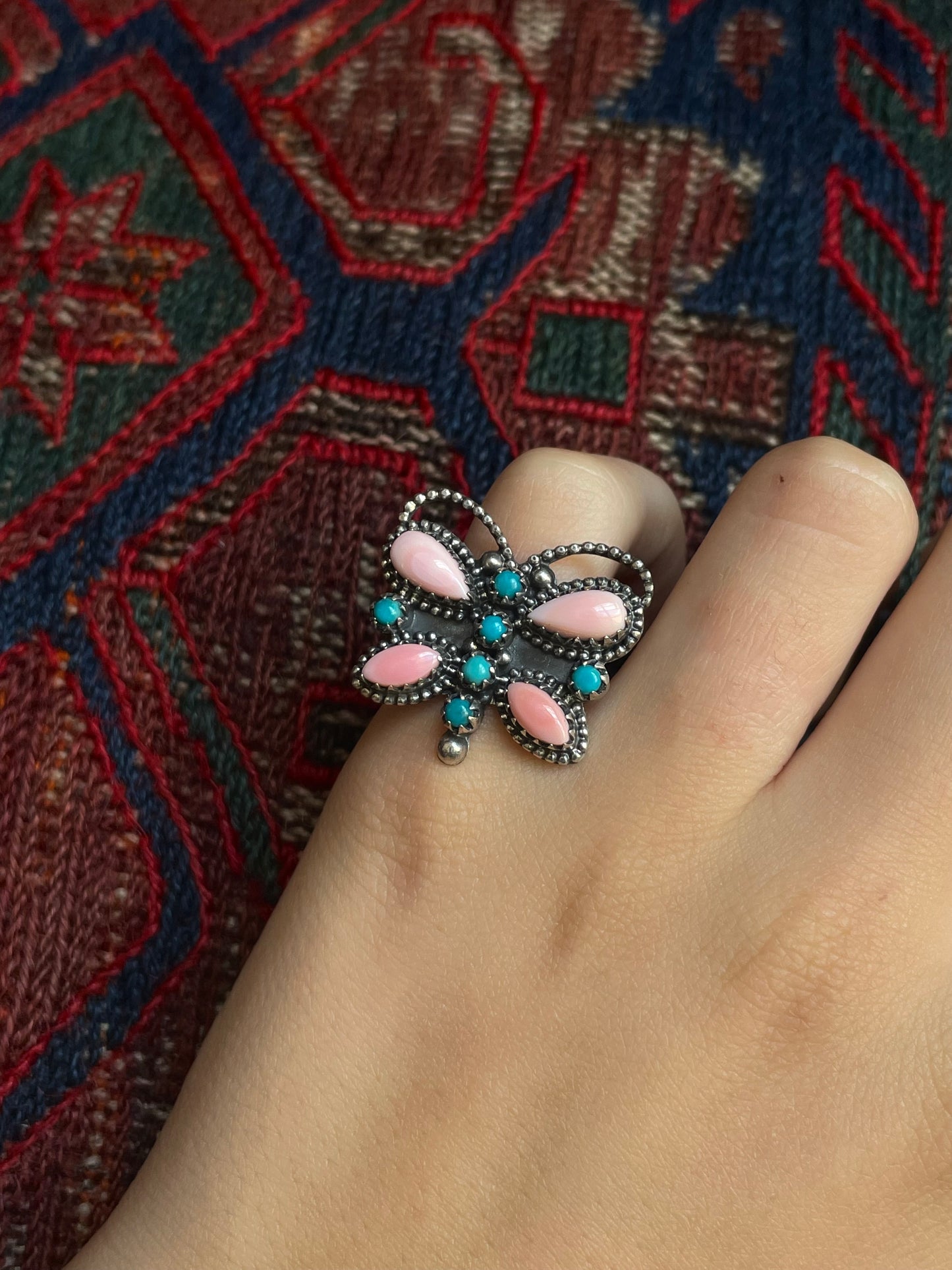 Pink Conch & Turquoise Butterfly Ring Size 6 | 925 Sterling Silver E989